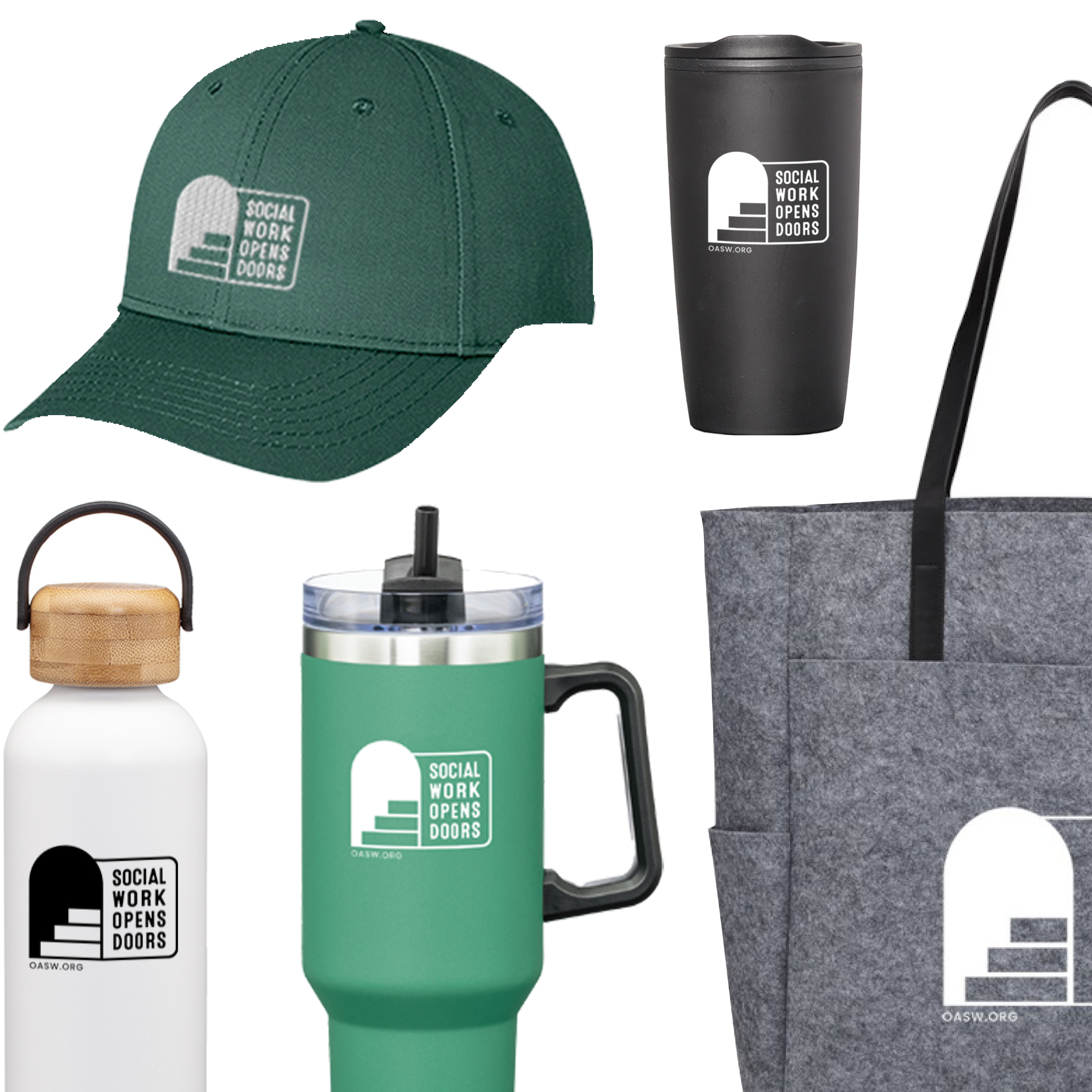 A ballcap, tumbler, water bottle, travel mug and shopping tote featuring 'Social Work Opens Doors'