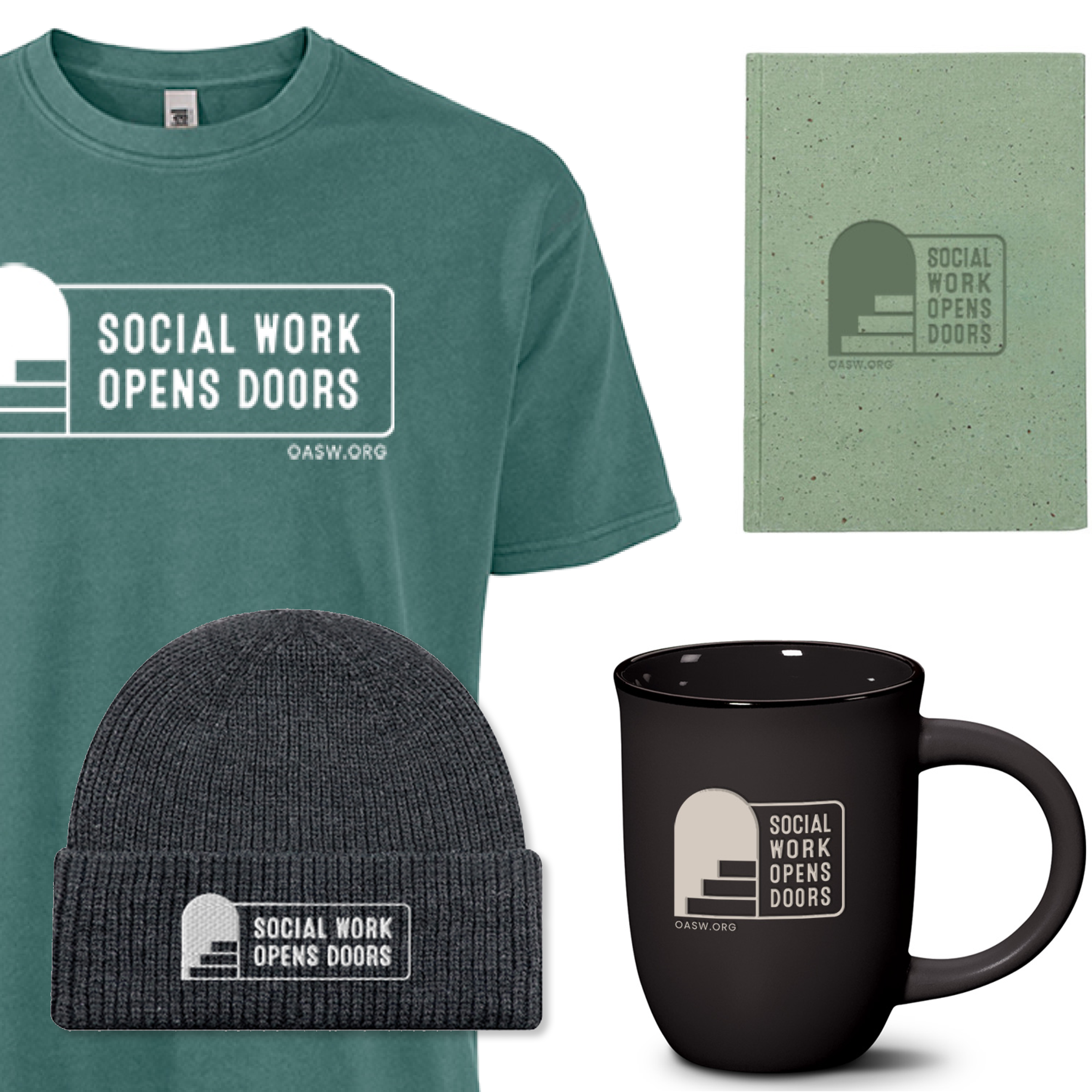 A t-shirt, notebook, toque and mug featuring 'Social Work Opens Doors'
